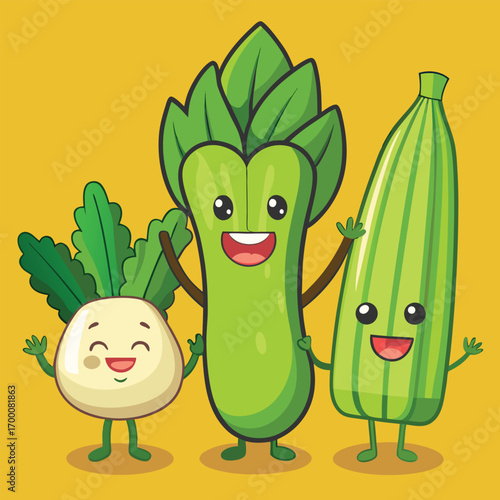 Arton flat icon with mustard greens waving, bitter gourd smiling, and okra holding hands, playful vector.