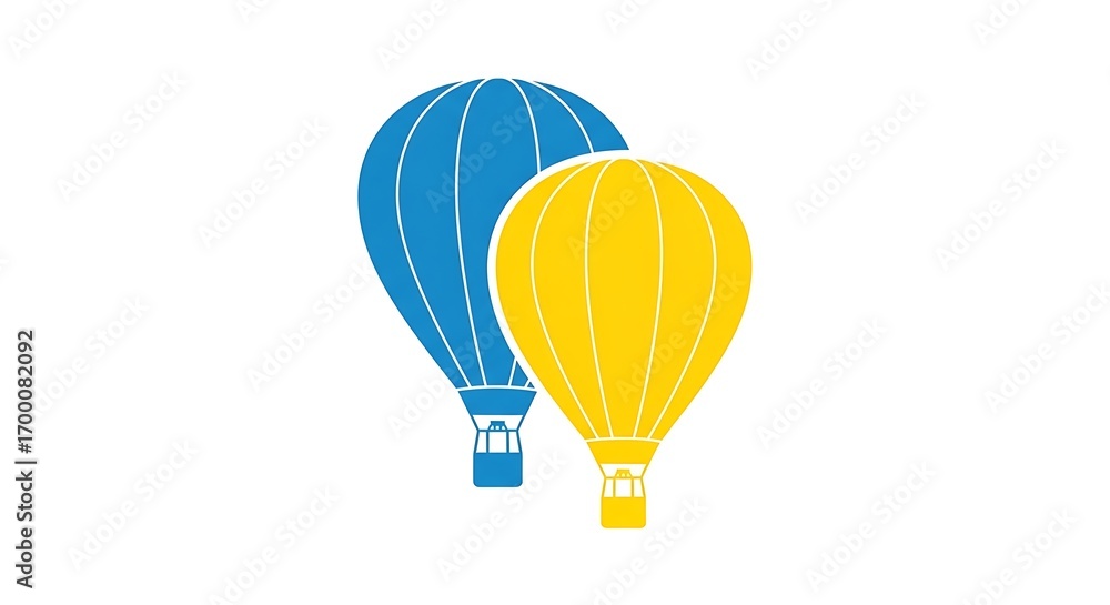 Fototapeta premium Soaring together, vibrant blue and sunny yellow hot air balloons ascend against a clean white background, symbolizing adventure and shared journeys.