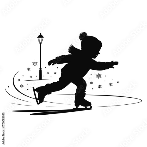 Silhouette of a Child Ice Skating Under a Lamppost with Snowflakes