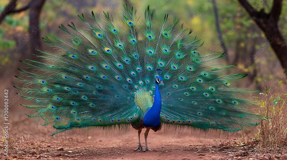 Obraz premium Majestic peacock displaying its vibrant plumage in a captivating full fan, showcasing natures artistry and beauty