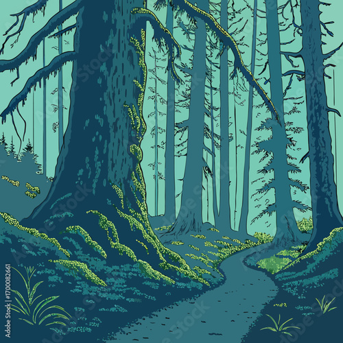 Whispering Pines Trail: A serene trail winds through a towering forest of ancient pines, its path disappearing into the misty depths, creating an immersive and evocative scene