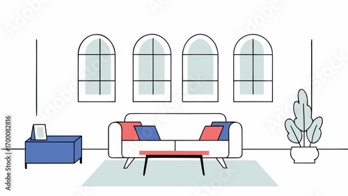 Modern living room with white sofa, colorful pillows, arched windows, and indoor plant in minimal line art style