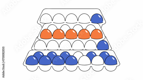 Colorful eggs arranged in rows inside carton, featuring blue, orange, and white eggs