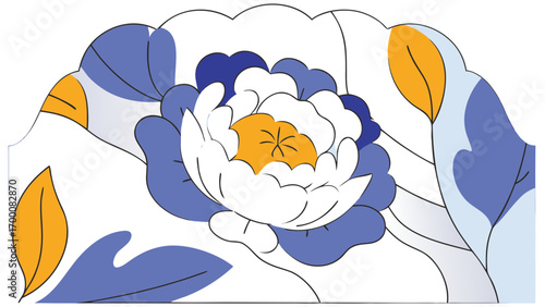 White and blue peony flower with yellow center and abstract leaves on transparency background