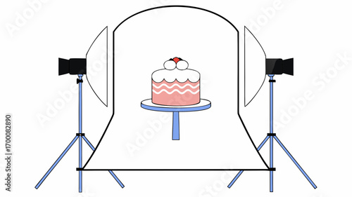 Pink cake with white frosting and cherry on top in professional studio setup front view