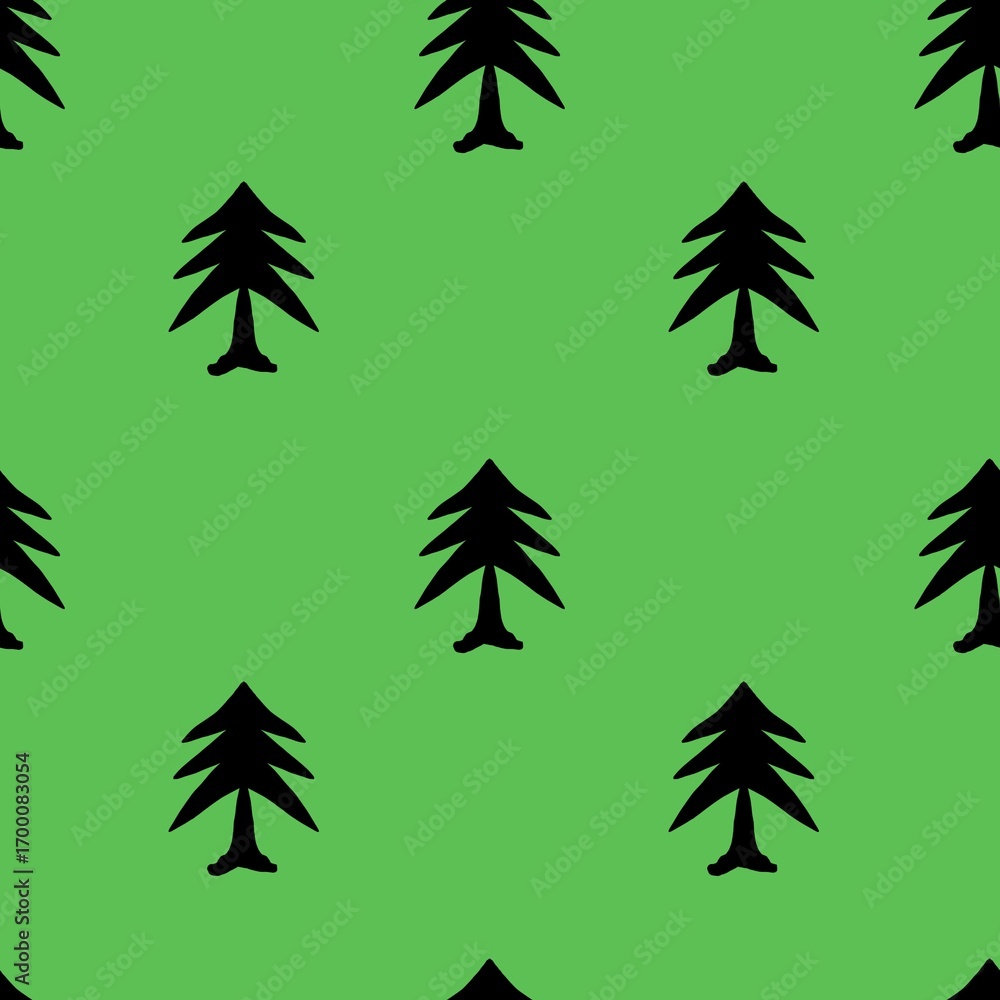 Fototapeta premium festive seamless Christmas pattern with silhouette pine trees on a vibrant green background, perfect for holiday designs and seasonal products.