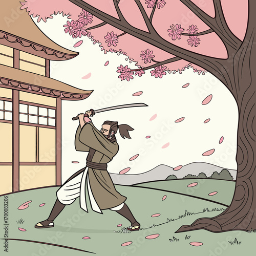 Cherry Blossom Swordsman: A skilled swordsman practices his technique beneath the vibrant canopy of a blossoming cherry tree, set against a backdrop of traditional architecture and rolling hills.