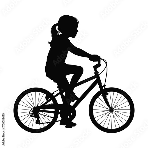 Silhouette of Young Girl Riding a Bike Simple Monochrome Vector Illustration