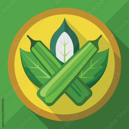 Flat colorful icon with mustard greens leaf as background, bitter gourd at center, and okra crossing over.