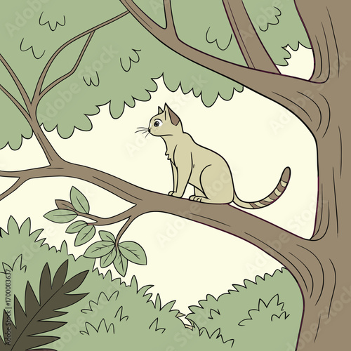 Cat on Tree Branch: A serene illustration depicts a cat perched elegantly on a tree branch, observing its surroundings with an air of tranquility and curiosity.