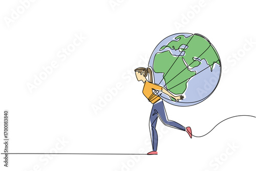 Single line drawing of a woman running with the world strapped on her back, created for Global Running Day to represent sport concept, endurance, energy, and international fitness celebration.