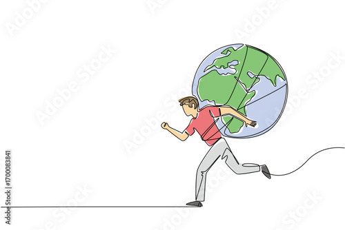 Continuous line drawing of a young man running with the globe carried on his back, designed for Global Running Day to highlight health concept, strength, stamina, and international unity.