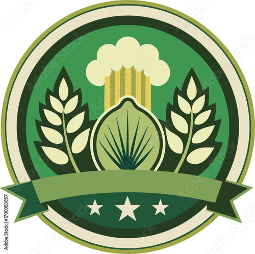 Flat round badge icon with mustard greens, bitter gourd, and okra silhouette inside, monochrome line art.