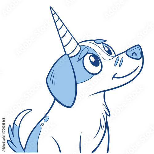 Dreamy Unicorn Dog Portrait: A whimsical cartoon illustration features a lovable dog with a unicorn horn, showcasing a cheerful and imaginative fusion of fantasy and canine charm.