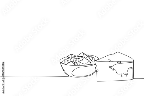 Continuous line drawing of cheese wedge beside a bowl of cubes, designed as a food concept for National Cheese Day, highlighting dairy products, nutrition value, and international celebration.