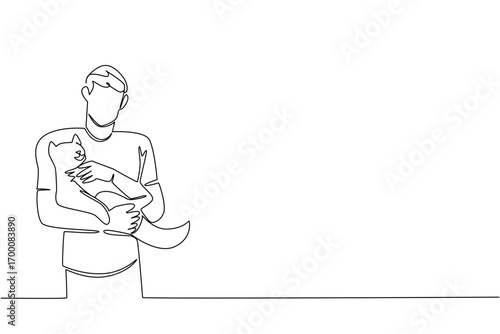 A single line drawing illustration of a young man gently holding a cat, celebrating National Hug Your Cat Day with love and comfort, in a warm animal care and pet health concept design.