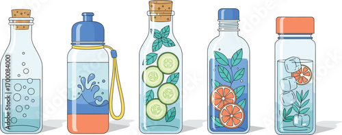 Vector set of infused water bottles with cucumber, mint, orange, rosemary, bubbles, and splash designs for hydration and health themes