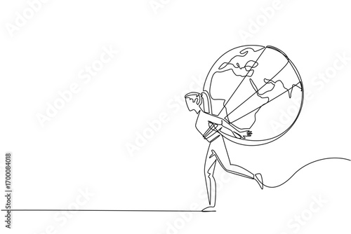 Global Running Day continuous line drawing shows the Earth with arms and legs running, symbolizing a healthy planet, sport concept, and the worldwide spirit of movement.