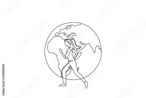 Celebrate Global Running Day with this one line drawing of a woman runner in front of the globe, symbolizing health, fitness, and unity in sport concept with minimalist elegance.