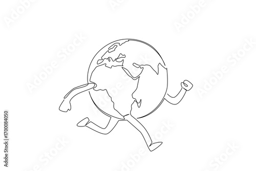 Single line drawing of Earth running with human legs, created for Global Running Day, showcasing sport concept and symbolizing health, energy, and global celebration of fitness.
