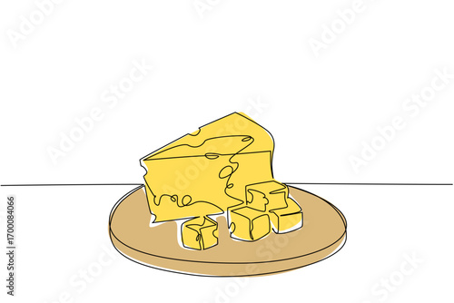 Single line drawing of cheese wedge with small cubes on a plate, themed for National Cheese Day in a food concept. Artistic vector design celebrating dairy culture and culinary enjoyment.