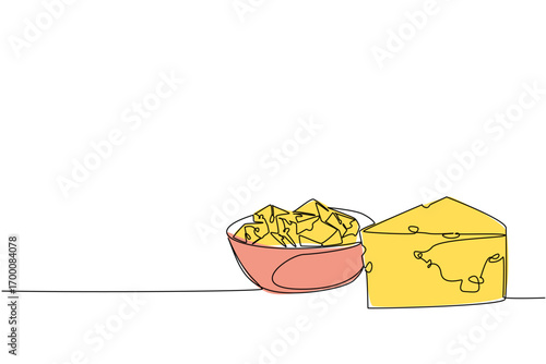 Single line drawing of a cheese wedge beside a bowl of cubes, symbolizing National Cheese Day in a food concept. Minimalist vector illustration for celebrating global dairy heritage and cuisine.