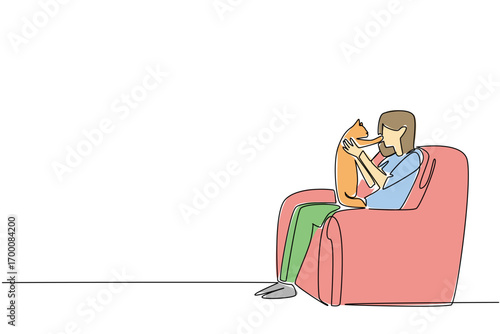Celebrate National Hug Your Cat Day with this continuous line drawing artwork featuring a woman sitting on a sofa hugging her cat, symbolizing love, comfort, and the pet care concept.