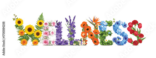Floral wellness typography with sunflowers, roses, tulips, lavender, hydrangeas, poppies, nature-inspired letters, botanical design, health, beauty, calm, healing