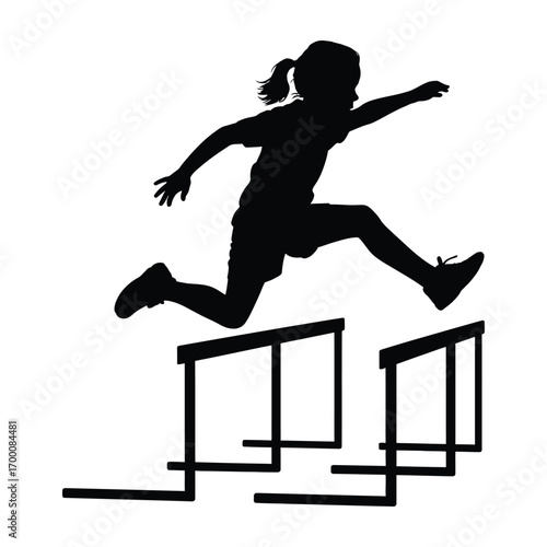 Silhouette of a Girl Jumping Hurdles on a White Background