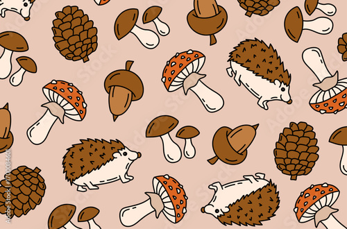 Autumn background with toadstools, mushrooms and hedgehogs.