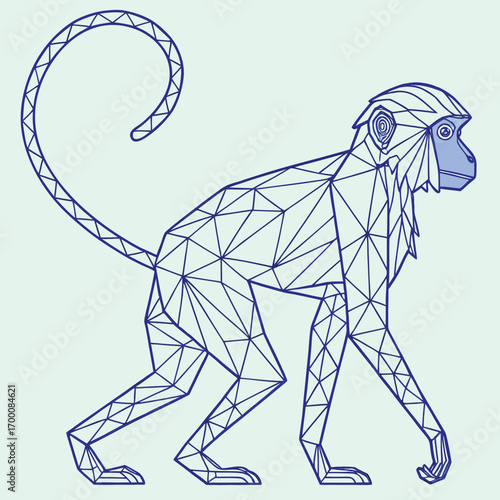 Geometric Monkey Illustration: A stylish geometric illustration of a monkey, its form constructed from interconnected lines. It represents a stylized animal. 