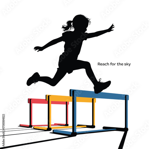 Silhouette of a Girl Jumping Over Hurdles With Reach for the Sky Text