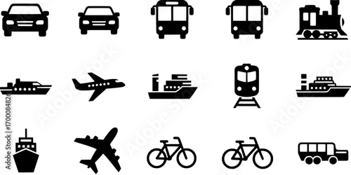 Transportation icon set in a simple black silhouette style including car, bus, train, airplane, bicycle and ship