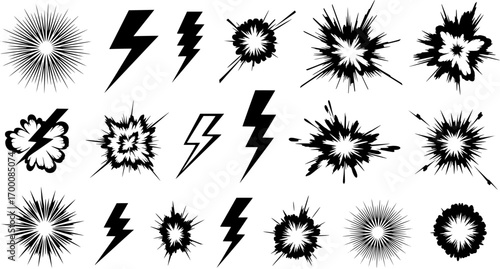 Set of black and white lightning bolt and burst icons in various styles