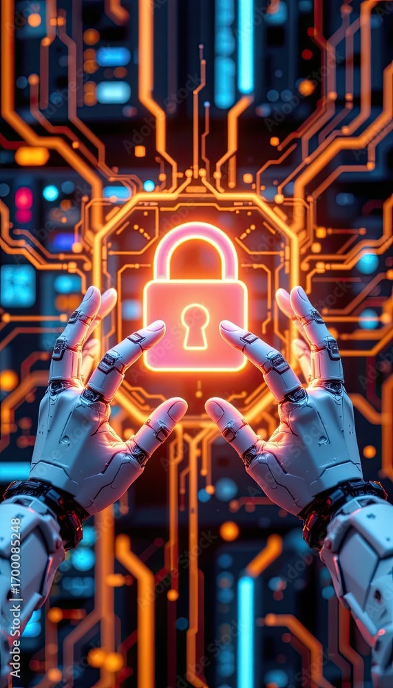 Obraz premium Futuristic Robot Hands Protecting a Digital Lock Symbol with Neon Lights and Circuit Patterns