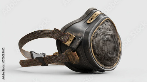 Vintage gas mask with mesh screen and brass accents on white background