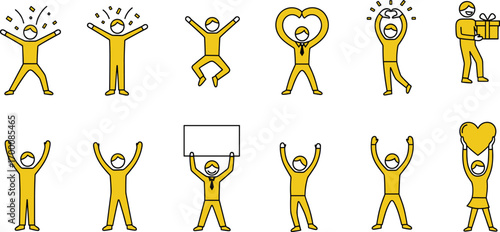 Yellow cartoon character set showing emotions, celebration, love, gift giving, heart symbols, joyful poses, expressive gestures, minimal style illustration