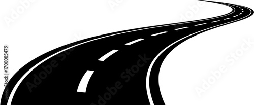 Winding road silhouette with dashed center line for travel or transportation concept