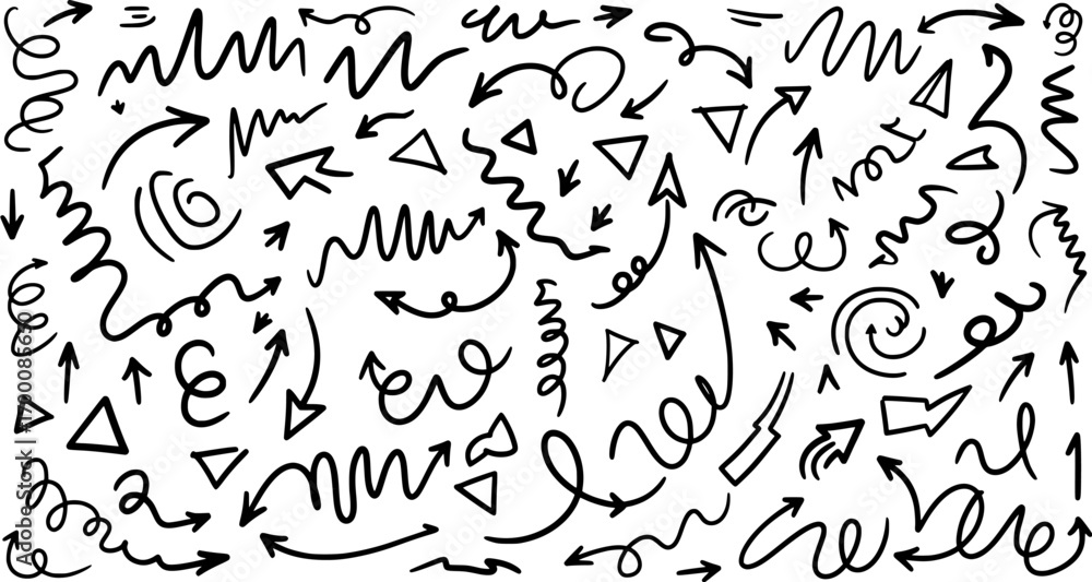 Obraz premium Hand-drawn black doodle arrows set collection in different shapes and directions on white background