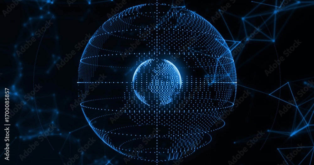 Obraz premium Floating blue sphere in digital void, showing inner dot-matrix globe and wireframe and network mesh