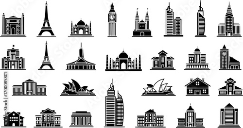 World famous landmarks black silhouette icon set featuring buildings like the Eiffel Tower, Taj Mahal, Big Ben and Sydney Opera House