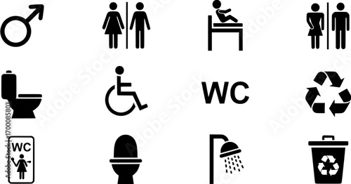 Black and white restroom and sanitary minimal icon set for public navigation