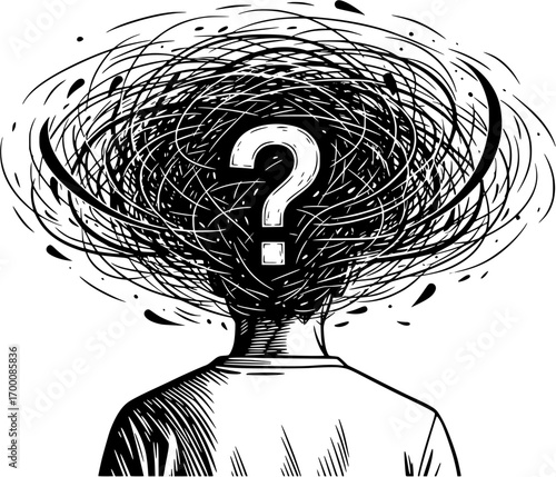 Hand-drawn illustration of a person s head filled with tangled lines and a question mark representing confusion or brainstorming