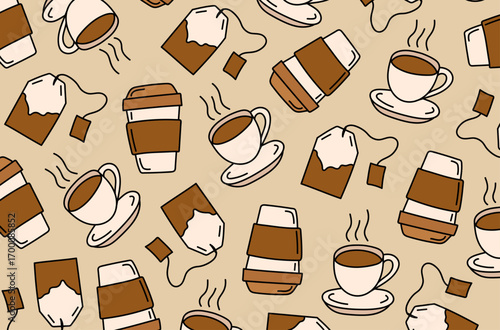 Coffee, tea background, hot drink, coffee to go, brown design.