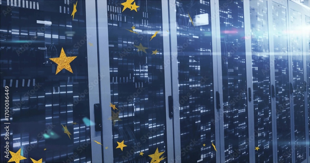 Obraz premium Displaying server racks with glass doors revealing LEDs in data center, with gold stars floating