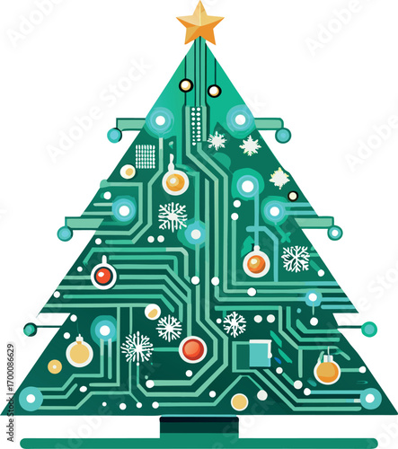 Clean vector art Christmas tree made of glowing circuit boards and microchips, digital futuristic holiday design