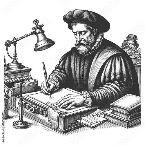 Renaissance scribe seated at a desk, writing with quill on parchment, symbolizing knowledge, history, and scholarship sketch engraving generative ai vector illustration. Scratch board. Black and white