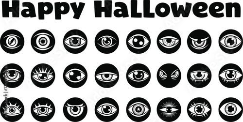 A spooky happy halloween greeting card featuring a collection of eerie and captivating eye illustrations in black and