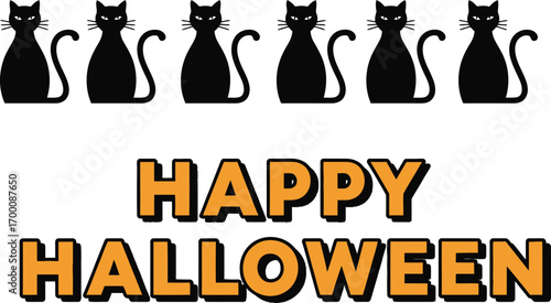 A cheerful happy halloween greeting card featuring a row of black cats and festive text in orange and black colors