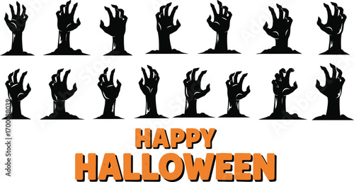 A spooky collection of zombie hands reaching up, with a bold happy halloween message for a chilling effect